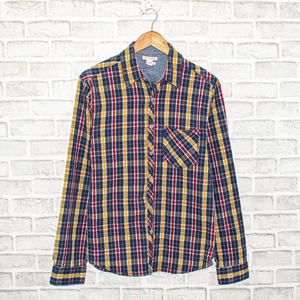 Carbon 2 cobalt Men's Button up Shirt Crinkled plaid Blue yellow Small